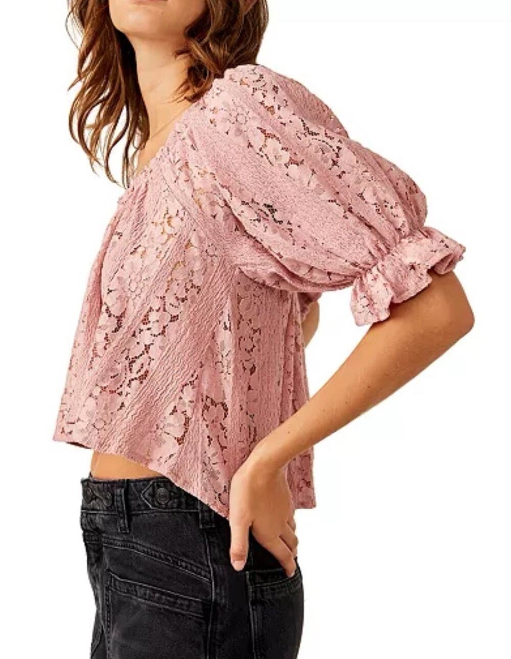 FREE PEOPLE Stacey Rose Lace Top XS S Boho Peasant Cottagecore Flowy NWT